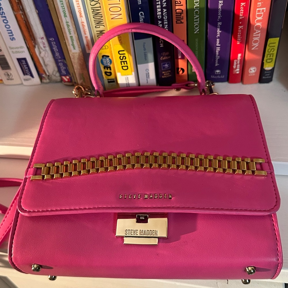 Steve Madden Hot Pink Top-Handle Satchel with Gold Chain Trim